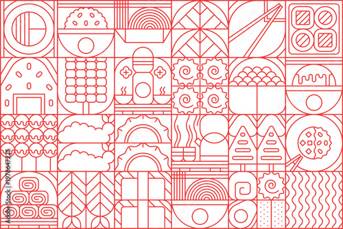 Japanese cuisine geometric pattern with sushi, ramen, rice bowl and chopstick. Red line outline grid background with fish, wave, cloud, sun and tea cup symbol. Vector Asian culture and food menu tile