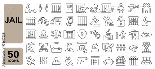 Set of 50 line icons related to jail, prison, criminal, gaol, punishment, jail door, prisoner, Editable stroke. Vector illustration