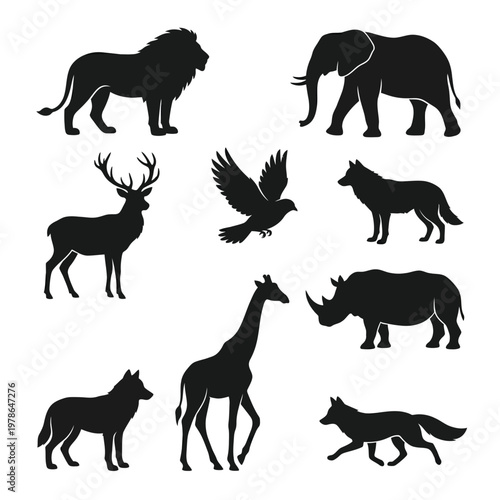 A set of nine black silhouettes of various wild animals, including a lion, elephant, deer, bird, wolf, giraffe, rhino, and fox, on a white background.