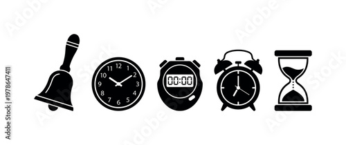 School bell hand held shape, wall clock round classroom style, stopwatch timer handheld device, alarm clock twin bell top, timer