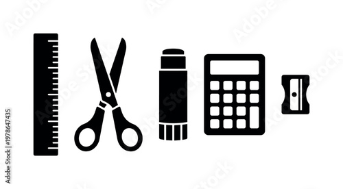 School supplies ruler straight edge tool, scissors open blades classroom tool, glue stick cylinder cap off, calculator rectangular