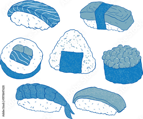 A comprehensive vector illustration set of Japanese sushi and onigiri featuring salmon nigiri, maki rolls, and gunkan, designed in flat color blue tonrmonochrome line art styles isolated on a white