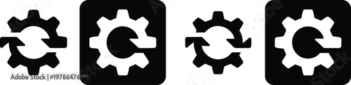Gear settings icon set with rotation and process symbols in flat and solid styles for system configuration design