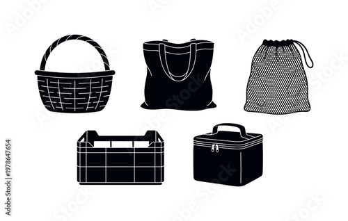 Wicker shopping basket with curved handle, canvas tote grocery bag filled shape, reusable mesh produce bag drawstring top, rigid