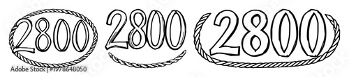 Numeral 2800 set with ornate sketchy design featuring grunge texture, rope border, weathered style with hand-drawn elements and antique appearance