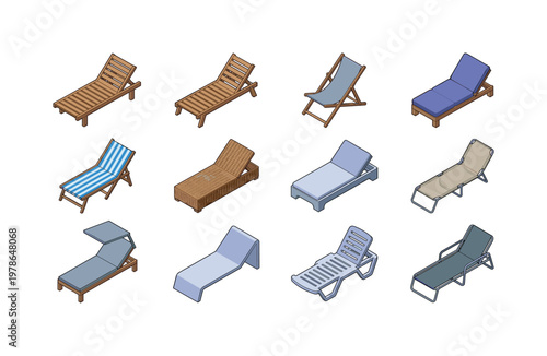 Wooden beach chaise lounge, adjustable reclining lounger, folding sun lounger, cushioned lounge chair, striped fabric lounger,