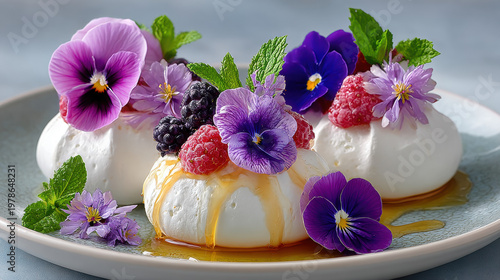 Edible flowers in dessert dishes, Mini fruit pavlovas decorated with edible flowers and a glossy glaze on white.
