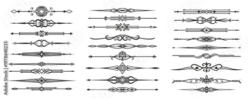Elegant divider frame borders and separate lines with ornate calligraphic elements. Vector vintage dividers set with celtic line ornaments and tribal knot patterns of arrows, flowers and leaf scrolls