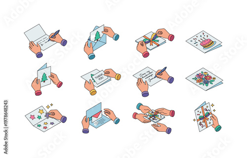 Writing greeting card message, placing card in envelope, adding ribbon to card, decorating birthday card, folding holiday card,