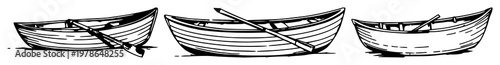Small rowboat set with hand-inked line art design featuring oars, watercraft, marine with sailing and recreation