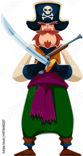 Cartoon pirate character with weapons. Vector sailor and skipper, boatswain and captain corsair or filibuster fighter personage with tricorn hat, crossed flintlock gun and saber ready for sea battle