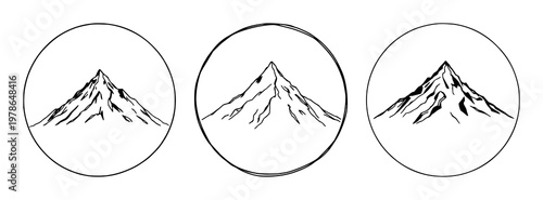 Mountain peak set with hand-drawn organic art in a circular frame featuring mountainous landscape, line drawing, minimalist style with white background and nature theme
