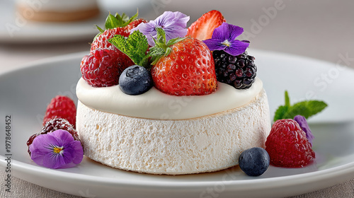 Edible flowers in dessert dishes, Pavlova dessert topped with whipped cream, berries, and edible flowers.