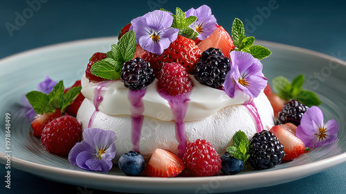 Edible flowers in dessert dishes, Pavlova dessert topped with whipped cream, berries, and edible flowers.