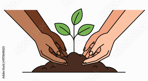 Illustration of two hands planting a small green plant in brown soil on a white background with eco friendly lifestyle theme.