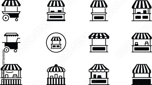 Market stall icons set street shop kiosk vendor booth retail stand awning store marketplace vector outline collection minimal modern