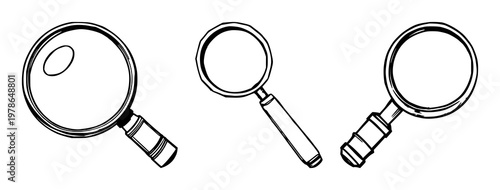 Magnifying glasses set with hand‑inked line art on white background featuring explorer, magnifier, search with detail and focus