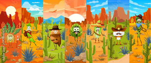 Cartoon vegetables collage with cowboys and bandit characters. Corn in feather headdress, chili pepper with gun, potato with a revolver, broccoli with pistol, lettuce in sombrero, asparagus with lasso
