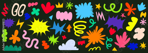 Abstract graphic shapes of organic groovy retro elements. Speech bubble, textbox and talk stickers. Vector set of hippie psychedelic blobs, hearts, stars, swirls and expressive decorative elements