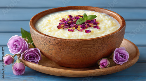 Edible flowers in dessert dishes, Rice pudding garnished with edible rose petals in a rustic Mediterranean style.