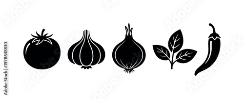 Tomato whole round smooth fruit, tomato sliced cross section seeds detail, garlic cloves curved segments, onion whole bulb layered