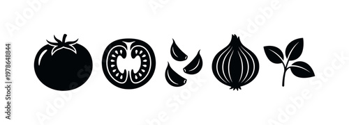 Simple black icons of tomato, onion, garlic, and basil leaves on white background