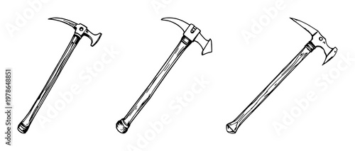 Pickaxe set with hand‑drawn line art illustration on white background featuring vintage, rustic, historic with metal and wood