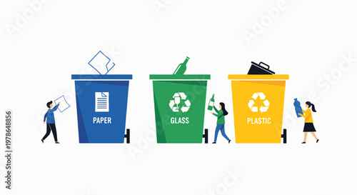 Illustration of people depositing recyclable materials into labeled recycling bins for paper, glass, and plastic in an eco-friendly lifestyle setting.