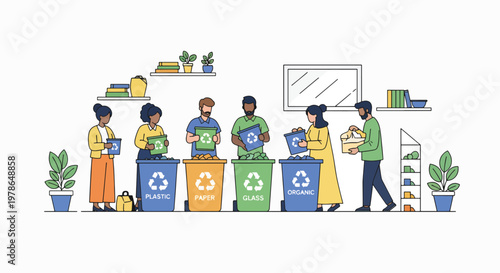 Illustration of diverse people recycling in an eco-friendly office setting with a lifestyle focus on sustainability and environmental conservation.