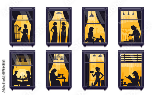 Female silhouettes in neighborhood night windows. Vector house building facade with woman reading, cooking and relaxing, exercising, feeding pets and having conversations. Couple dining by candlelight