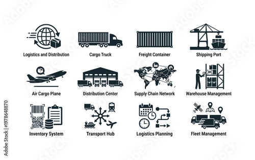 Logistics and distribution with cargo truck, freight container, shipping port, air cargo plane, distribution center, supply chain
