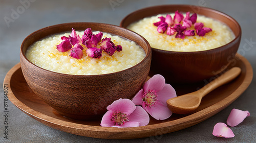 Edible flowers in dessert dishes, Rice pudding topped with edible rose petals in a rustic Mediterranean style.