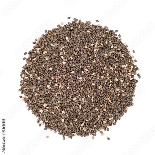 Chia seeds pile isolated on white background, overhead view