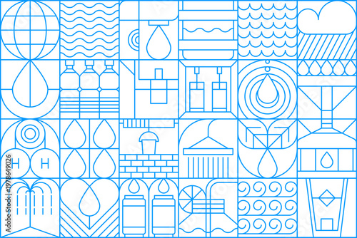 Abstract water geometric pattern. Blue geometric pattern with waves, rippling seas, and raindrops. Minimalist vector elements including bottles, glasses, ice cubes for World Water Day campaign