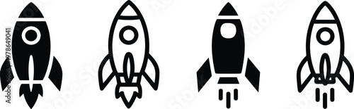 Rocket icon set with space launch symbols in flat and outline styles for startup innovation design use