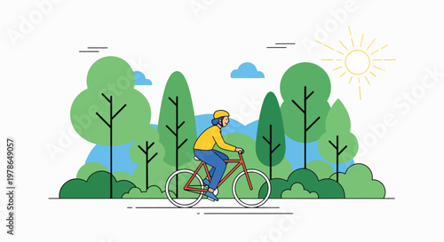 A cyclist rides a bicycle along a scenic path surrounded by lush greenery and trees on a sunny day, embodying an eco-friendly lifestyle.