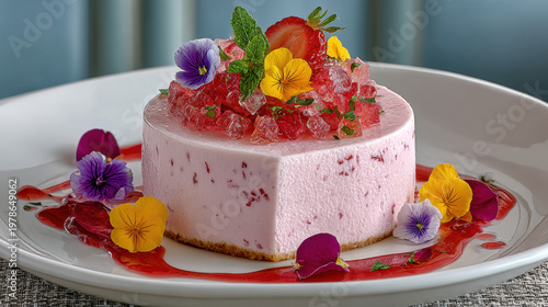 Edible flowers in dessert dishes, Rose-flavored mousse dessert garnished with crystallized edible flower petals.