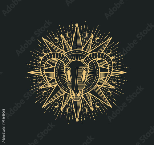 Witchcraft occult mystic goat skull and star symbol or sign. Tarot sorcery occult line tattoo, cultist magic mystical golden vector seal. Alchemy or astrology mystic round symbol with ram horns