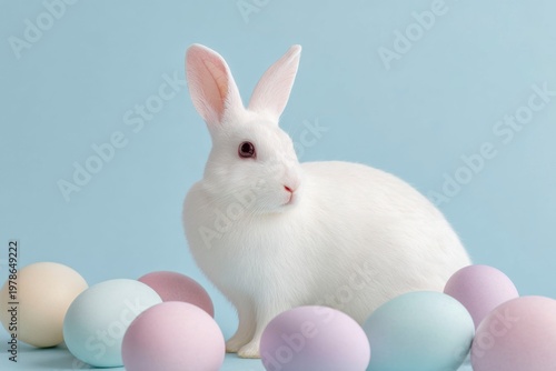 cute white rabbit surrounded by pastel eggs, easter themed