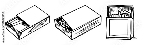 Matchbox set with sketchy line art of an old-fashioned matchbox containing a single match featuring matchbox, match, line art with white background and vintage style