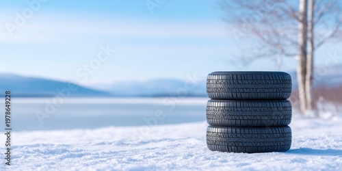 four winter tires stacked on top of each other in the snow, in front of a frozen lake with a clear sky.