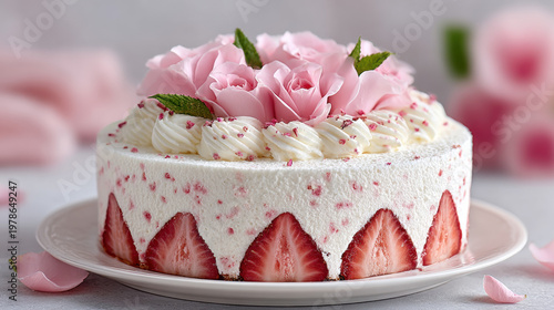 Edible flowers in dessert dishes, Strawberry shortcake topped with edible rose petals and fresh cream.