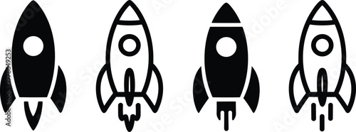 Rocket icon set with space launch symbols in flat and outline styles for startup innovation technology design