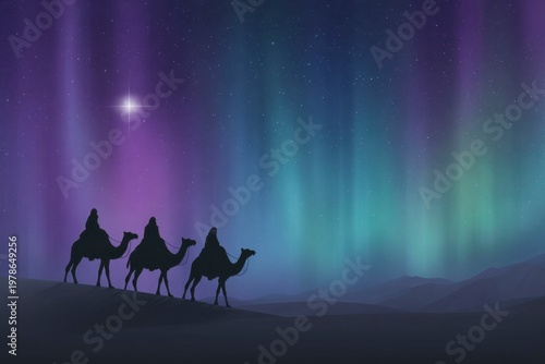 the three men on camels, with the green northern lights in the sky