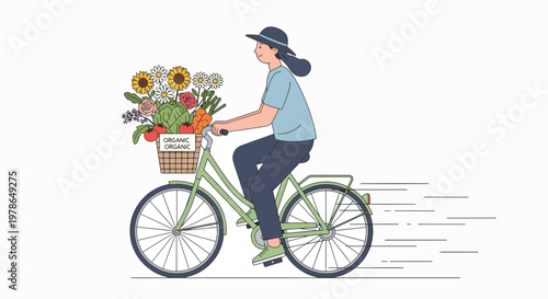 A woman rides a bicycle with a basket of flowers, embodying an eco friendly lifestyle in a simple, illustrative style with a white background.