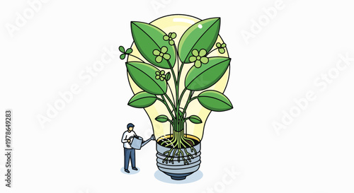 A man stands beside an eco friendly lightbulb with a green plant growing inside, symbolizing a lifestyle of sustainability against a clean white background with a mix of green and yellow