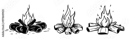 Campfire set with hand-drawn, simple line art design featuring crackling flames, wood logs, warmth with camping and wilderness elements