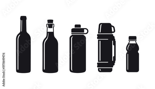 Wine bottle tall narrow neck shape, glass bottle with cork simple form, reusable water bottle cylindrical design, thermos bottle