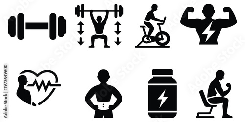 Fitness and gym workout health icon set for active lifestyle, featuring exercise symbols, training equipment, and wellness concepts in clean modern vector illustration style.