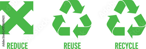 Reduce Reuse Recycle Green Sustainability Icons Set with Arrow Symbols for Environmental Conservation and Waste Management Concept